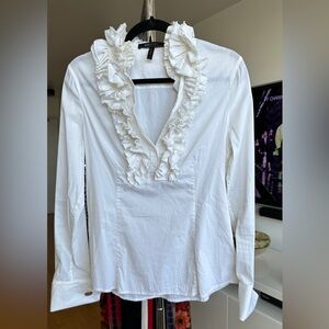 Lisa Vanderpump-inspired White Ruffled Women's Blouse with French Cuffs